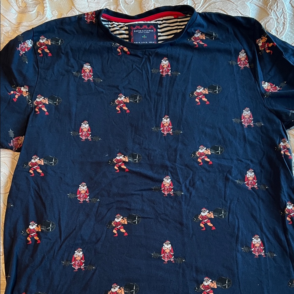Denim & Flower Striped Shirt with Red Trim